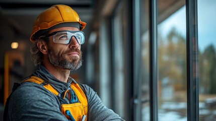 Construction worker looking out window