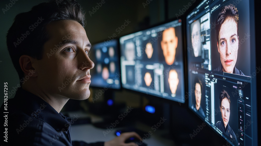 Poster young man analyzing facial recognition software on multiple computer screens in high-tech cybersecur
