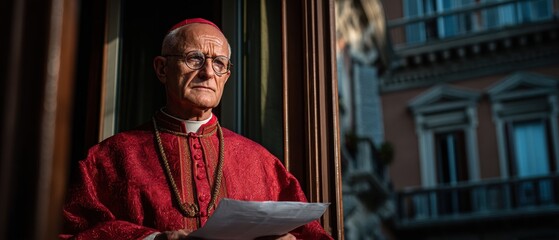 Distinguished clergyman in red robe temporarily pauses in italian balcony, memorizing important document with intense gaze