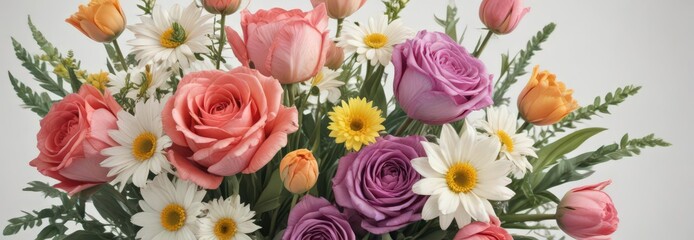 Watercolor bouquet of colorful flowers; roses, tulips, daisies ,  painting,  petals,  floral arrangement