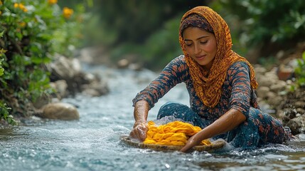 Woman washing clothes in a stream