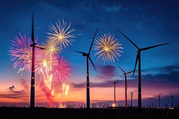 A stunning fireworks display over wind turbines at sunset
