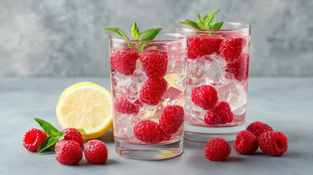 Refreshing raspberry drink with ice cubes, lemon and mint served in clear glasses on light gray surface
