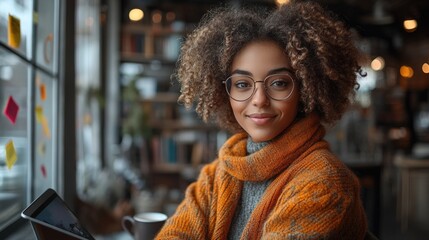 Young woman in cafe, smiling and looking at camera