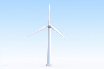 A large wind turbine towers prominently against a bright blue sky, representing renewable energy efforts. The blades rotate gently, harnessing wind power for sustainable electricity generation.