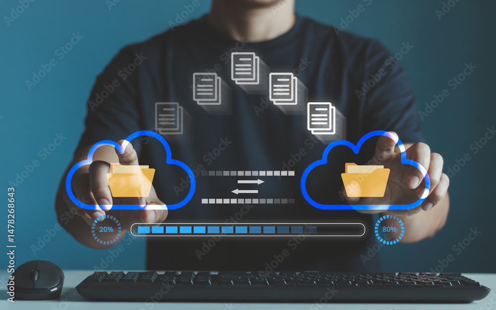 Leinwandbilder Transfer file business data backup system with internet cloud computing storage AI technology concept. Person hand using computer to download the document with a process loading bar on virtual screen.