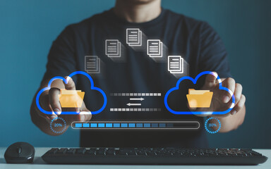 Transfer file business data backup system with internet cloud computing storage AI technology concept. Person hand using computer to download the document with a process loading bar on virtual screen.
