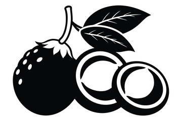 Black and White Graphic Illustration of a Strawberry and Coconut Halves with Leaves