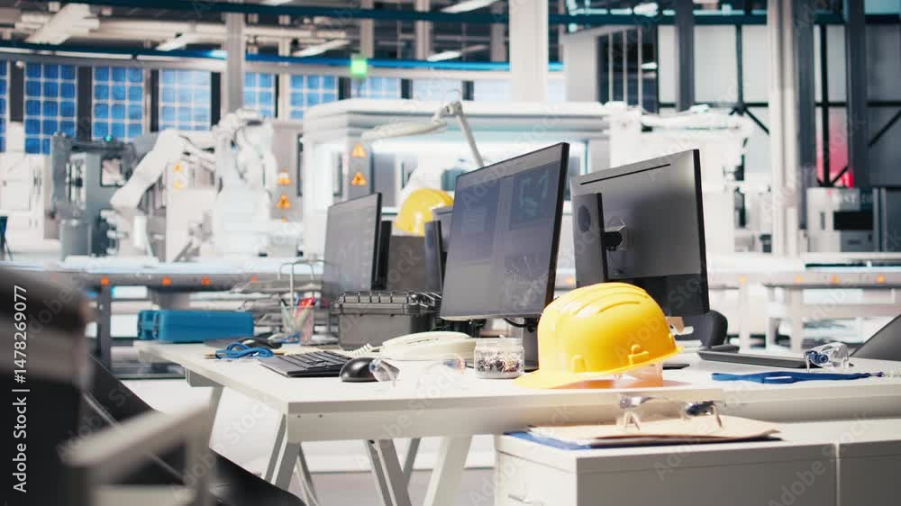 Poster computer software in photovoltaics factory used for optimizing production flow. pc program in empty 