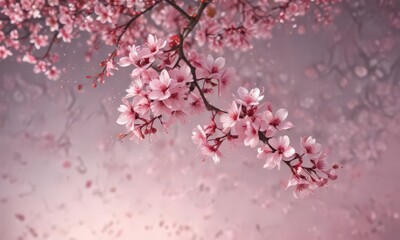 Obraz premium Abstract pink sakura petals gently falling on a dreamy, blurred background , tree, nature