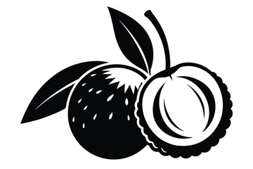 Black Silhouette Drawing Lychee Fruit Whole, Halved, and Leaves on Stem, Exotic Delight