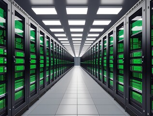Obraz premium Cutting-edge data center interior showing rows of glowing servers and high-speed network systems, ideal for illustrating cloud computing, big data, or AI technology themes