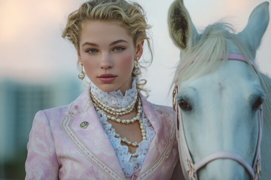 A graceful young woman stands beside a beautiful white horse, wearing an elegant outfit with intricate details. The background features a soft sunset, adding to the tranquil ambiance of the moment.