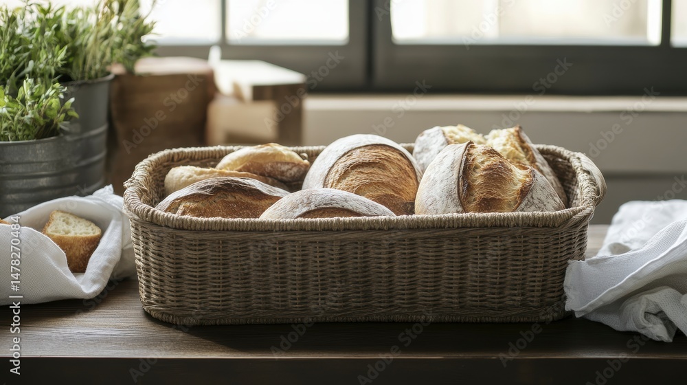 Poster rustic wicker basket filled with freshly baked loaves of bread on a wooden table near a window.