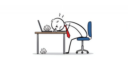 Stickman Businessman Exhausted Slumped Over Desk Clutching Documents on White Background