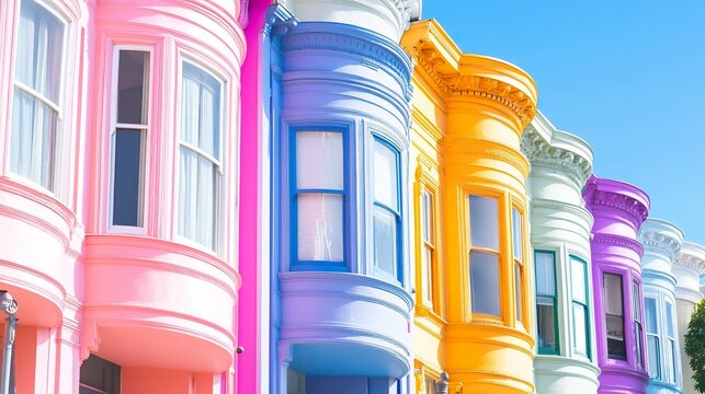 Row of brightly painted Victorian homes showcase colorful architecture against clear sky