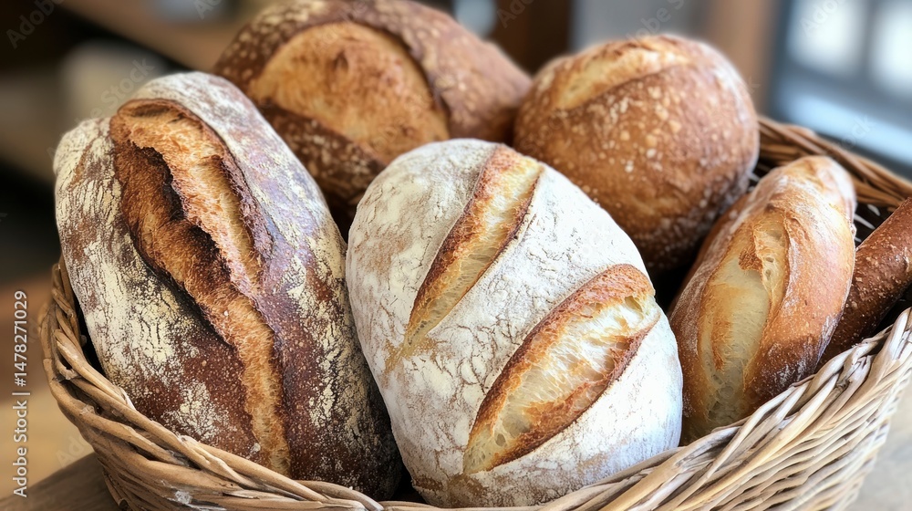 Poster a wicker basket overflowing with freshly baked artisan loaves of bread, showcasing various shapes, s