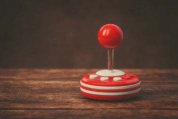 A vintage red and white joystick controller rests on an aged wooden surface. Soft lighting enhances its nostalgic appeal, evoking memories of classic gaming from the past.
