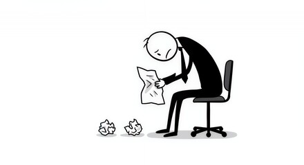 Stickman Businessman Slumped in Chair Clutching Crumpled Paper After Failed Pitch in Black and White