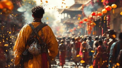 A figure walks through a bustling, festive Asian street