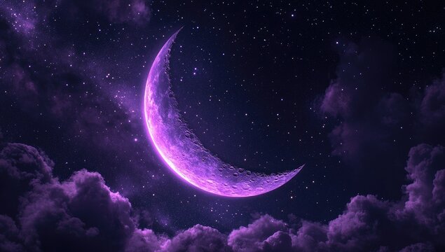 Crescent moon in a violet night sky