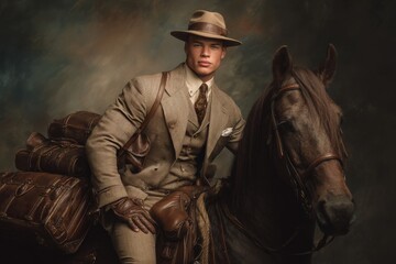 Fototapeta premium A man in elegant attire sits confidently on a horse, surrounded by travel bags. The atmosphere is rich and dramatic, hinting at an adventurous journey. The man exudes charm and poise.