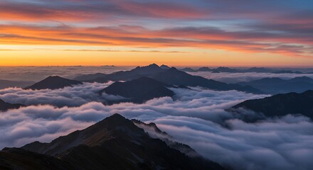 Mountain Landscape Above Clouds at Sunset