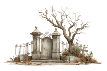 PNG Eerie abandoned cemetery with iron gate and barren tree