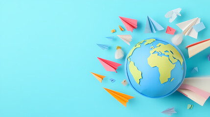 Global Wanderlust: A vibrant composition of colorful paper airplanes encircling a miniature globe, symbolizing the spirit of travel, exploration, and the interconnectedness of our world.