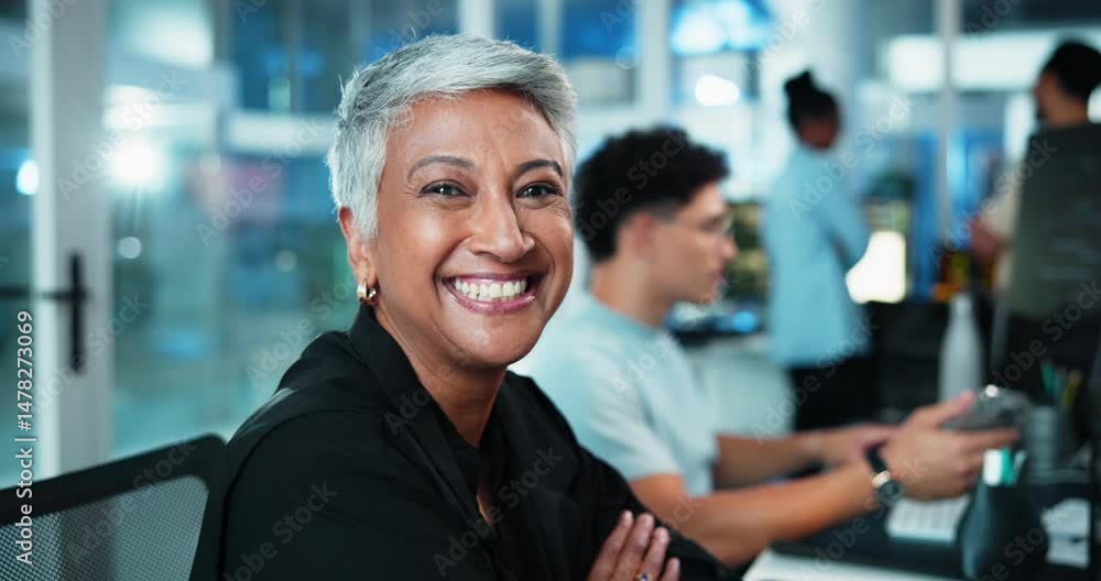 Poster Arms crossed, face and smile of developer woman at desk in office as graphic designer for software development. Business, coding and programming with mature engineer at night for virtual update