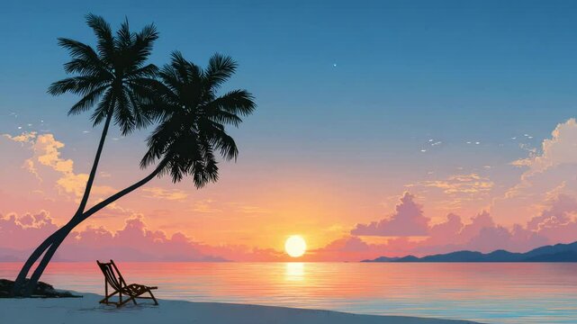 Tropical beach at sunset with palm trees and empty lounge chair facing calm ocean and glowing horizon