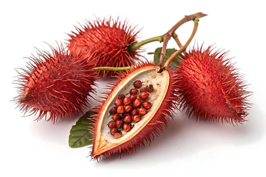 Annatto Fruit Cluster with Cut Pod Showing Seeds &ndash; Botanical Dye Source Illustration