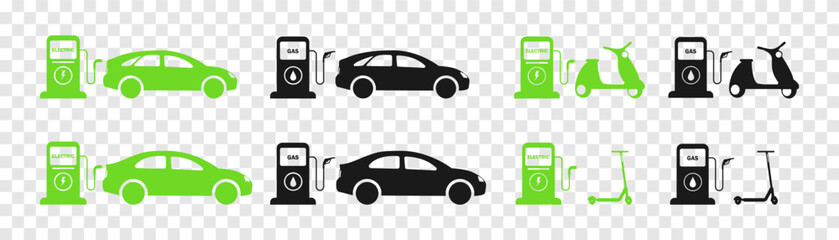 Gasoline car and electric car at the refueling station . Car charging at the charger station. Eco car . Auto refueling petrol at the gas station. ecology transport concept vector illustration