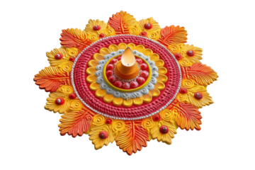 PNG Colorful diwali rangoli with candle and intricate leaf patterns on black background