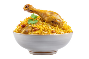 PNG Delicious chicken biryani in a white bowl with garnish