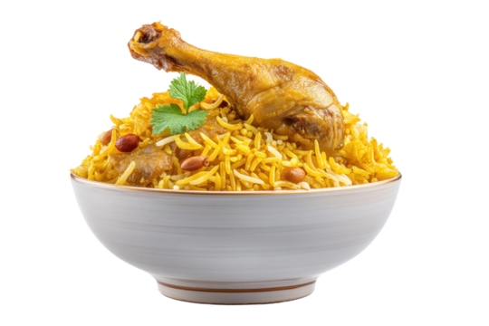 PNG Delicious chicken biryani in a white bowl with garnish