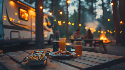 Camping dinner: Capture a warm and inviting scene of outdoor dining under string lights, with a cozy campsite ambiance, evoking relaxation and the simple joy of being outside with friends.