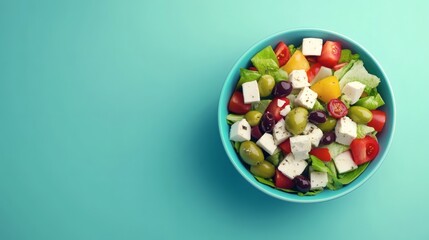 A vibrant salad in a turquoise bowl