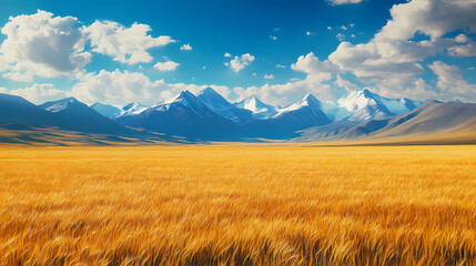 Obraz premium Golden Field and Majestic Peaks: Witness a breathtaking panorama of golden wheat fields stretching towards the majestic snow-capped peaks under a cerulean sky, evoking a sense of serenity.