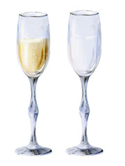 Watercolor illustration of two champagne glasses, isolated on transparent background.