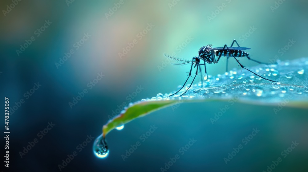 Poster close-up of a mosquito on a leaf with dew drops in soft focus background