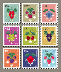 Set of Postage Stamps with images of berries on different backgrounds. Symmetrical graphic compositions with inscriptions and seals.