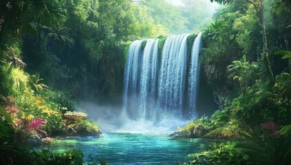 Lush waterfall cascading into a tranquil pool, nestled within a vibrant jungle