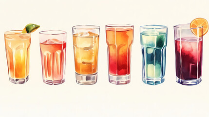 Artistic Beverage Assortment: An appetizing ensemble of vibrant drinks, artfully arranged to showcase the diverse tastes and refreshing appeal of each concoction.