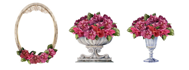 Vintage watercolor illustrations of violet floral arrangements in classic vases and oval decorative frame. Suitable for wedding and romantic design, isolated on a white background