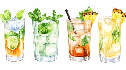 Refreshing Tropical Cocktails: A captivating array of refreshing, hand-painted tropical cocktails with fresh ingredients. The vibrant colors create an immediate sense of warmth and relaxation.