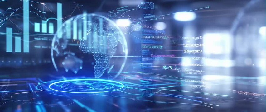 Anamorphic video Global business statistics charts background. Artificial Intelligence and Large Language Model Visualization  - Powered by Adobe