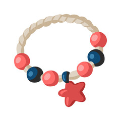 Cute cartoon summer bracelet with beads and star charm. Vector isolated illustration on white background. 