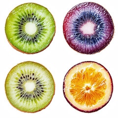 Fototapeta premium Four colorful fruit slices on a clean white background. Kiwi, orange, and purple citrus cross sections in a neat grid. Fresh variety and vibrant energy. Perfect for food branding, menus