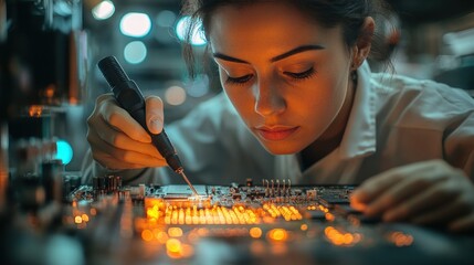 Focused technician works on circuit board